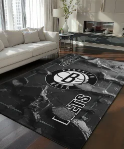 Brooklyn Nets Rug - Cracked Surface Design Black