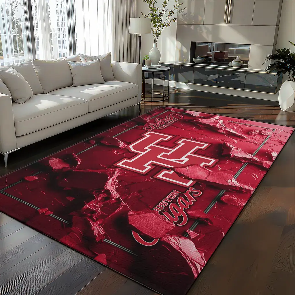 Houston Cougars Rug - Cracked Surface Design Red