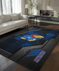Kansas Jayhawks Rug - Hexagonal Grid Pattern Blue