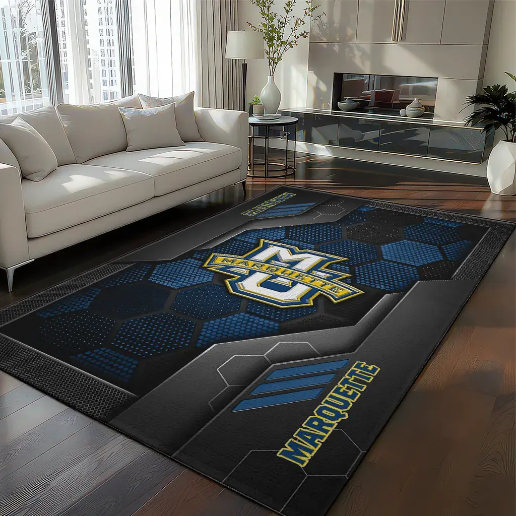 Marquette Golden Eagles Rug - Hexagonal Grid Pattern Blue