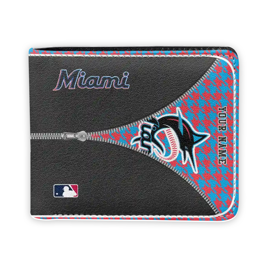 Miami Marlins Wallet - Personalized Zipper Split Blue Black