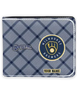 Milwaukee Brewers Wallet - Personalized Plaid Grid Navy Blue